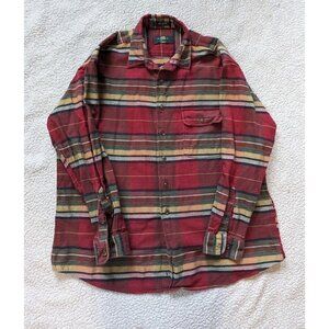 Orvis Men's Vintage Striped Flannel Button Up Long Sleeve Red Cotton Shirt XL